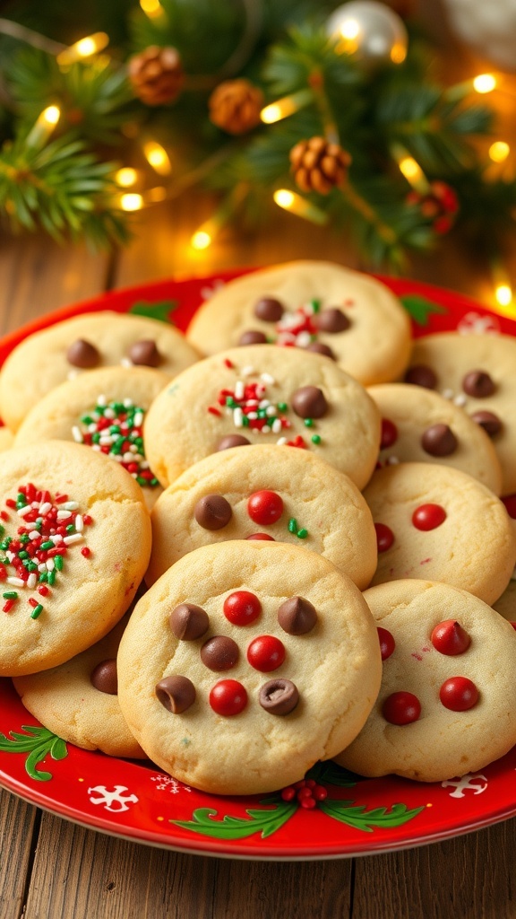 A plate of decorated Christmas cookies with sprinkles and chocolate chips, set against a festive background.